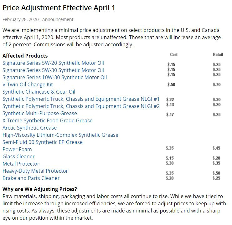 New Price Adjustment For April 1